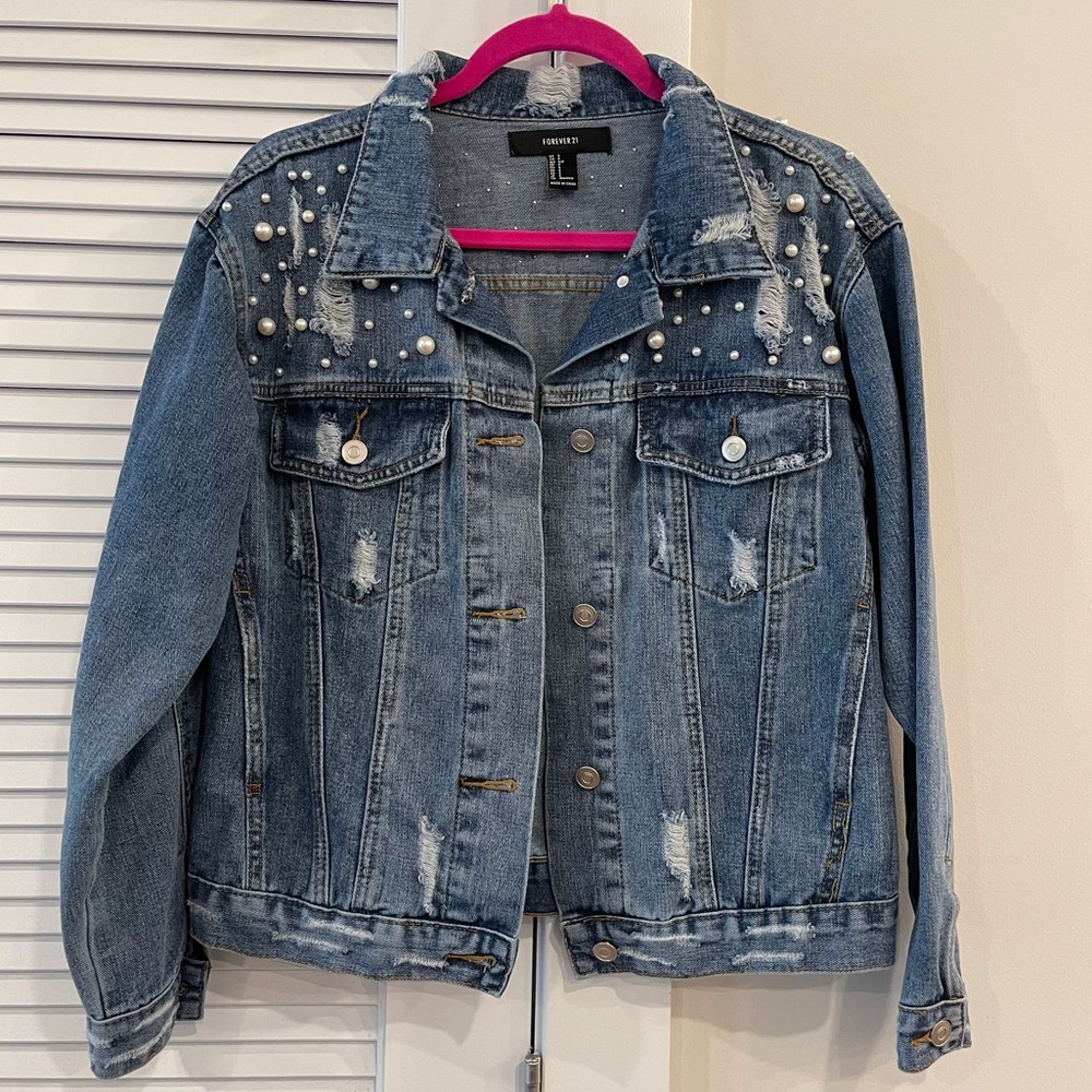Distressed Pearl Embellished Denim Jacket